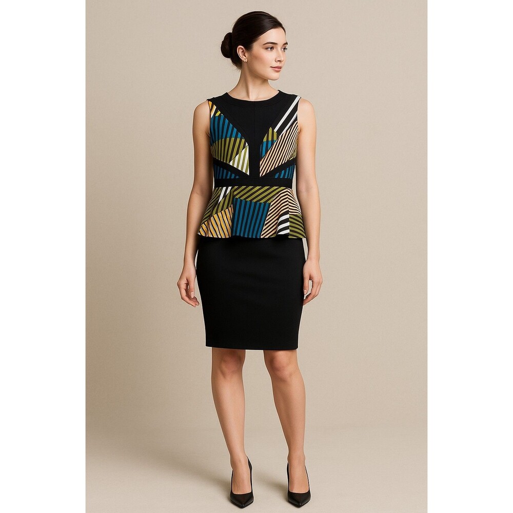 Worthington Women’s Sleeveless Peplum Top Large Multi-Color Striped Geometric...